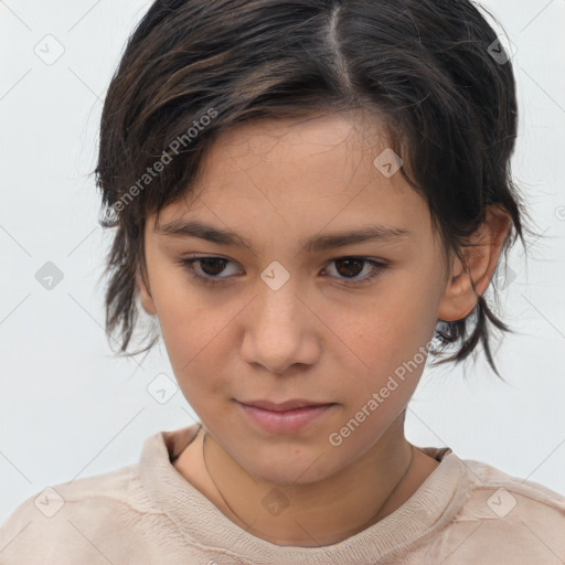 Joyful white child female with medium  brown hair and brown eyes