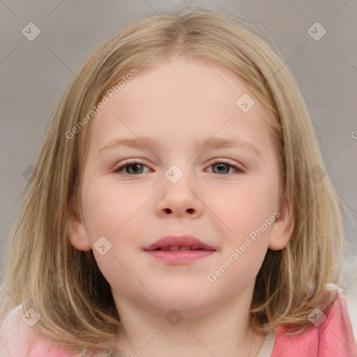 Joyful white child female with medium  brown hair and blue eyes