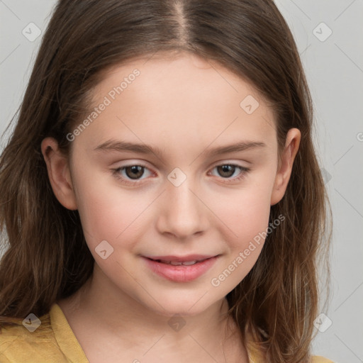 Joyful white child female with medium  brown hair and brown eyes