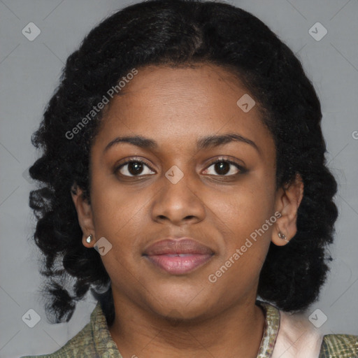 Joyful black young-adult female with medium  black hair and brown eyes