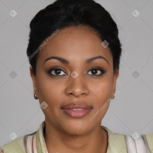 Joyful black young-adult female with short  black hair and brown eyes