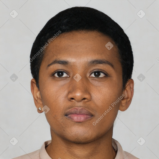 Neutral latino young-adult female with short  black hair and brown eyes