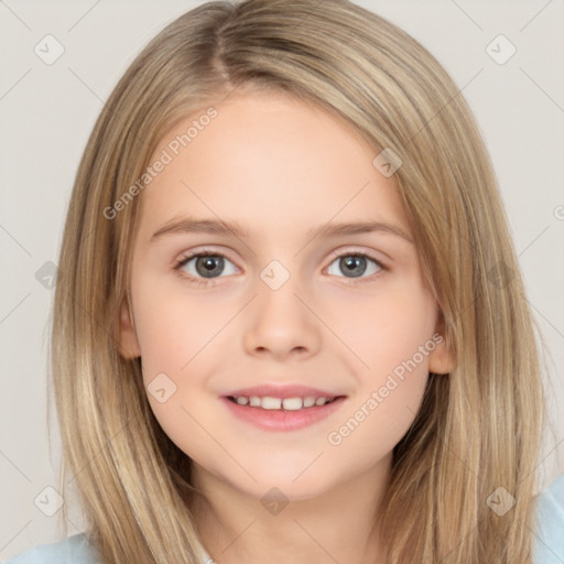 Joyful white child female with medium  brown hair and brown eyes