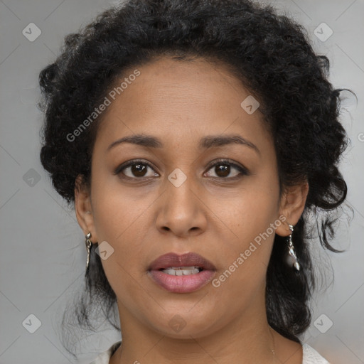 Joyful latino young-adult female with long  brown hair and brown eyes