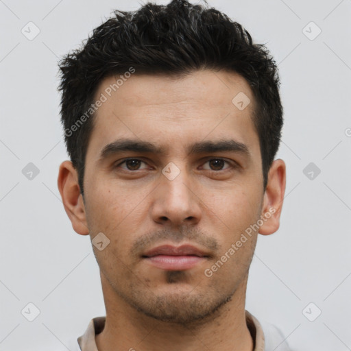 Neutral asian young-adult male with short  black hair and brown eyes