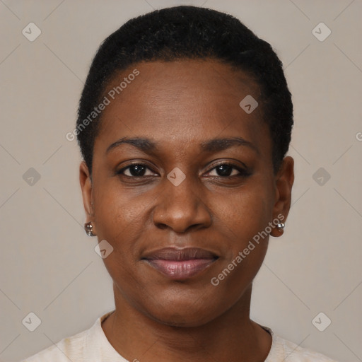 Joyful black young-adult female with short  black hair and brown eyes