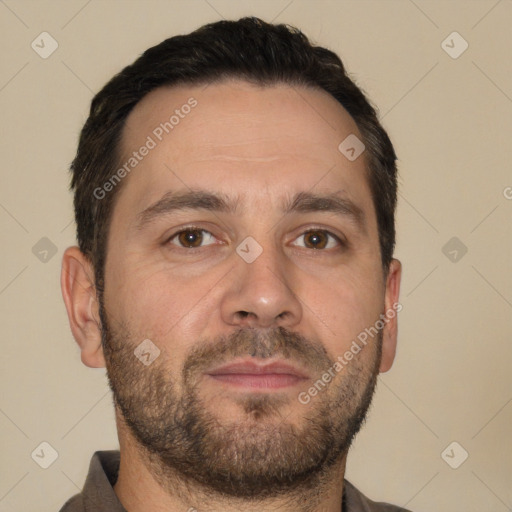 Neutral white young-adult male with short  brown hair and brown eyes