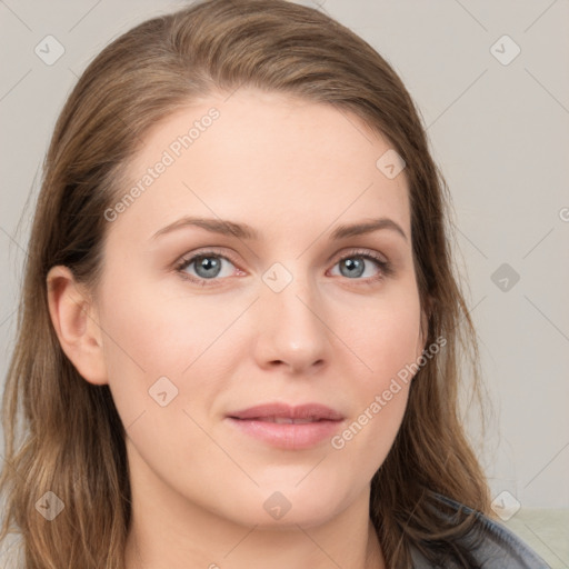 Neutral white young-adult female with long  brown hair and grey eyes