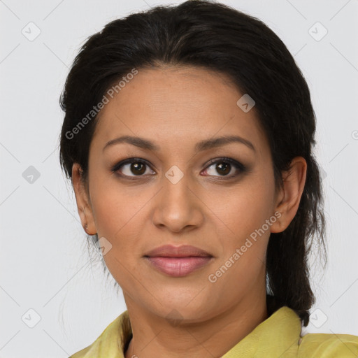 Joyful latino young-adult female with medium  brown hair and brown eyes