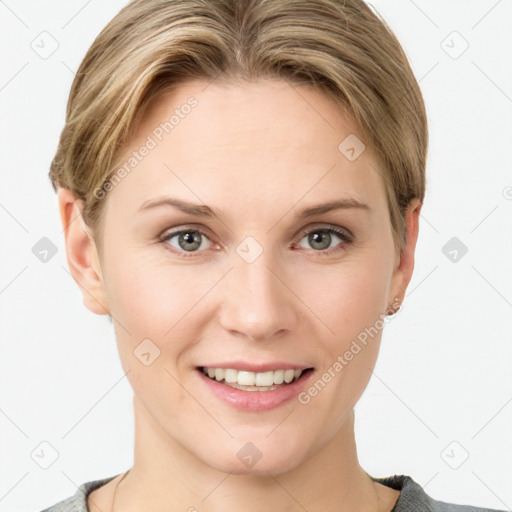 Joyful white young-adult female with short  brown hair and grey eyes