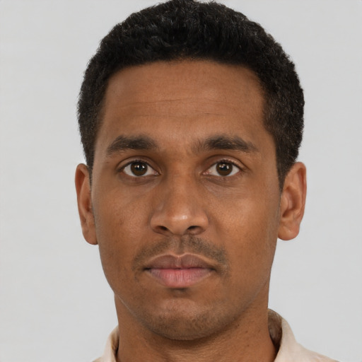 Neutral black young-adult male with short  black hair and brown eyes