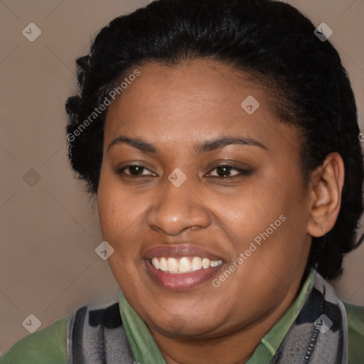 Joyful latino young-adult female with medium  black hair and brown eyes