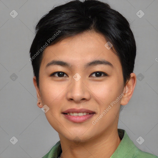 Joyful asian young-adult female with short  black hair and brown eyes