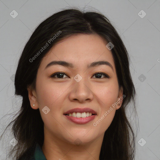 Joyful white young-adult female with long  brown hair and brown eyes