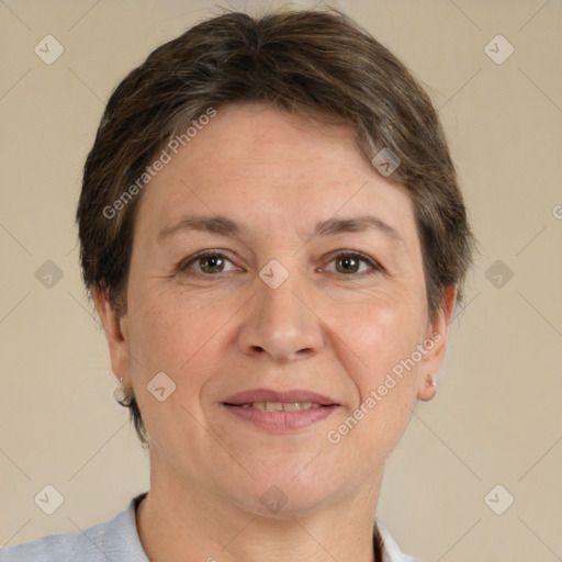 Joyful white adult female with short  brown hair and brown eyes