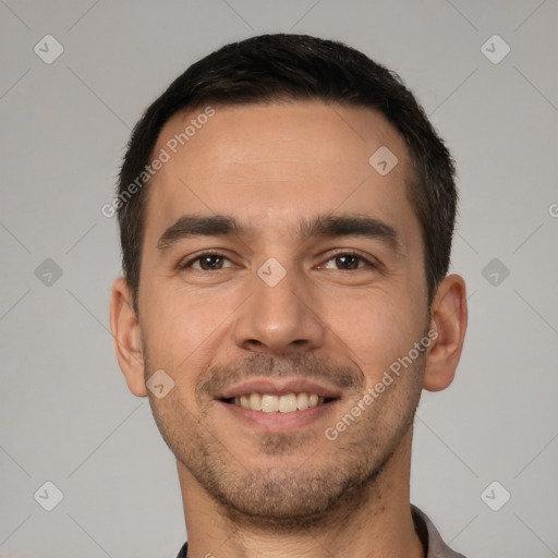 Joyful white young-adult male with short  brown hair and brown eyes