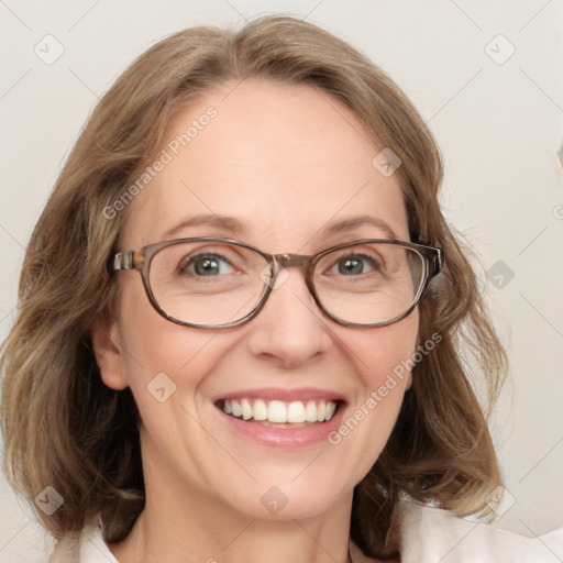 Joyful white adult female with medium  brown hair and blue eyes