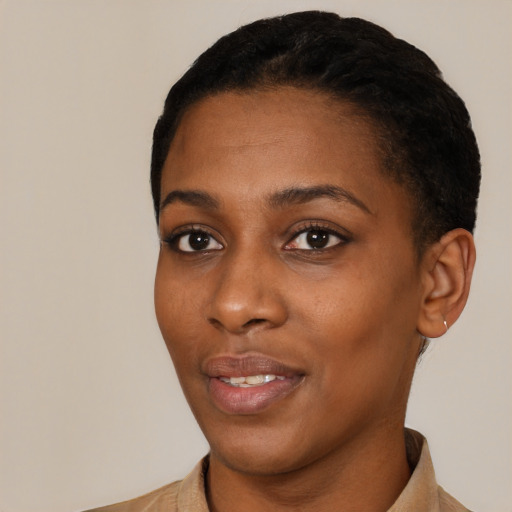 Neutral black young-adult female with short  black hair and brown eyes