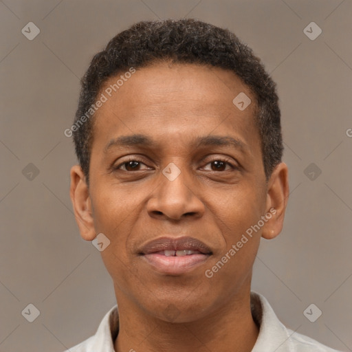 Joyful latino adult male with short  black hair and brown eyes
