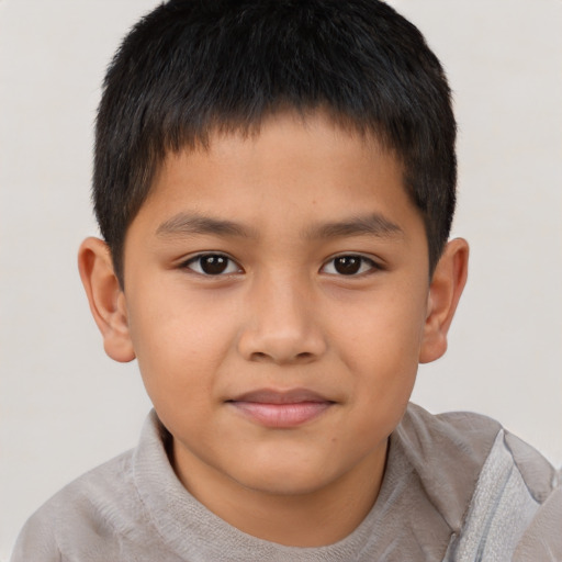 Joyful asian child male with short  brown hair and brown eyes