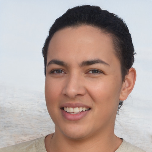 Joyful white young-adult female with short  black hair and brown eyes