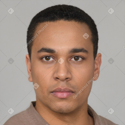 Neutral latino young-adult male with short  black hair and brown eyes