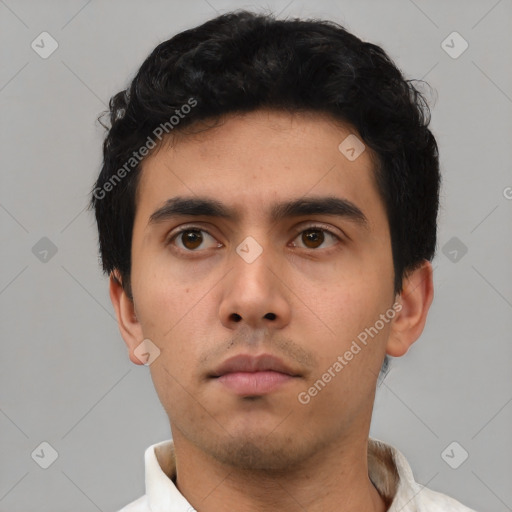 Neutral asian young-adult male with short  black hair and brown eyes