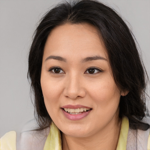 Joyful asian young-adult female with medium  brown hair and brown eyes