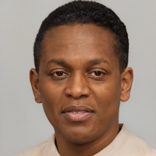 Neutral black adult male with short  black hair and brown eyes