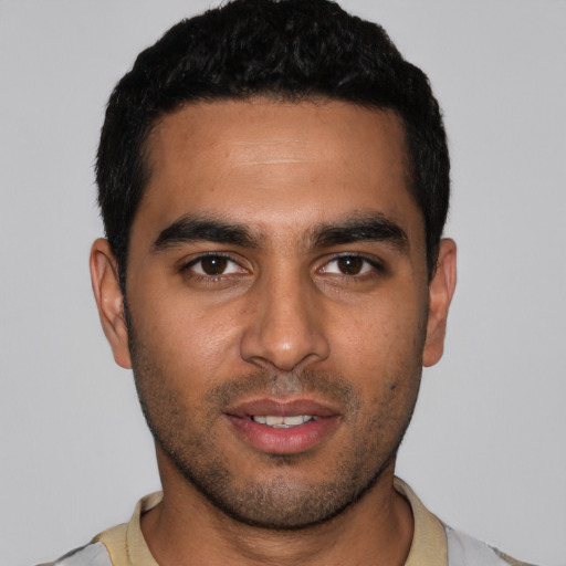 Neutral latino young-adult male with short  black hair and brown eyes