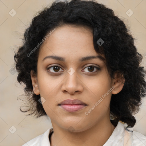 Joyful black young-adult female with medium  black hair and brown eyes