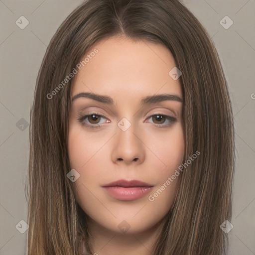 Neutral white young-adult female with long  brown hair and brown eyes