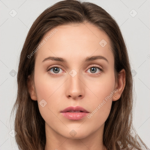 Neutral white young-adult female with long  brown hair and grey eyes