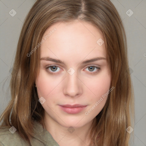 Neutral white young-adult female with medium  brown hair and brown eyes