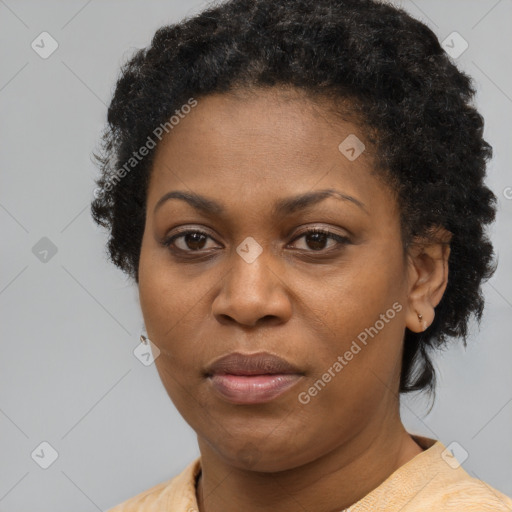 Joyful black adult female with short  brown hair and brown eyes