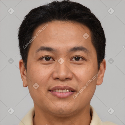 Joyful asian young-adult male with short  brown hair and brown eyes