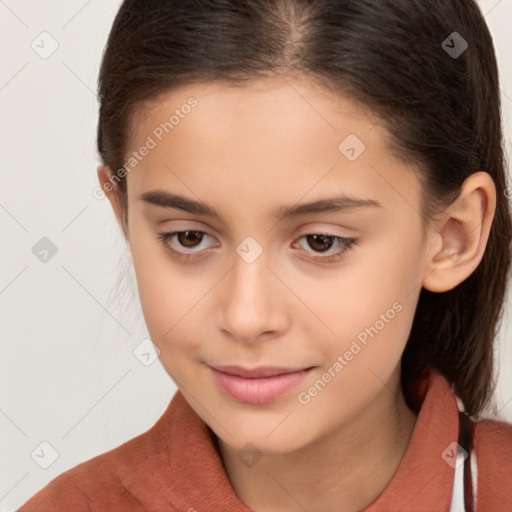 Joyful white child female with medium  brown hair and brown eyes