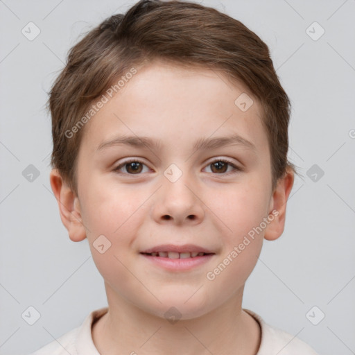 Joyful white child female with short  brown hair and brown eyes