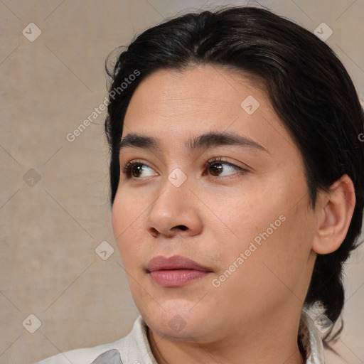 Joyful white young-adult male with medium  brown hair and brown eyes