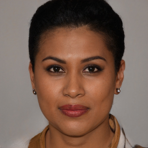 Joyful black young-adult female with short  brown hair and brown eyes