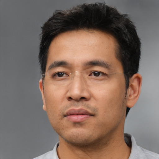 Neutral asian adult male with short  black hair and brown eyes