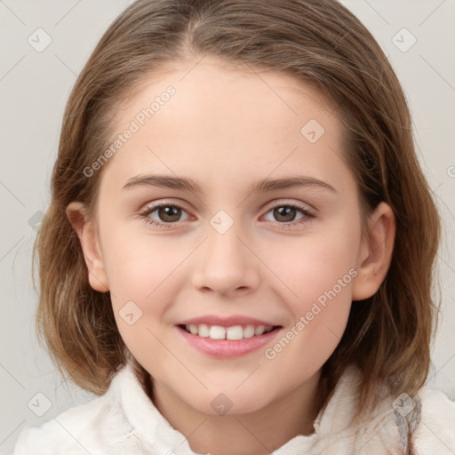 Joyful white child female with medium  brown hair and brown eyes