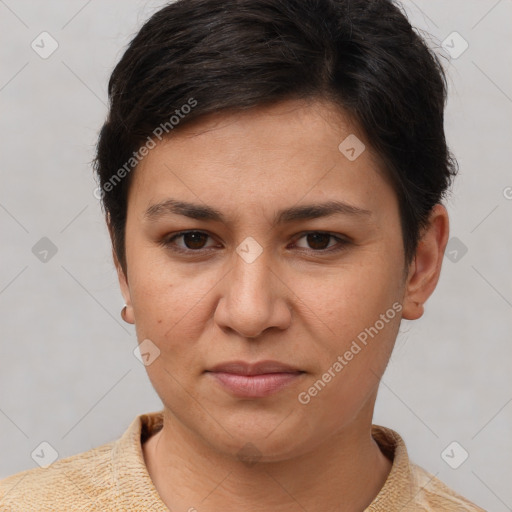 Joyful white young-adult female with short  brown hair and brown eyes