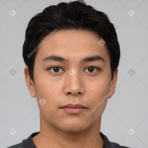 Neutral asian young-adult male with short  black hair and brown eyes