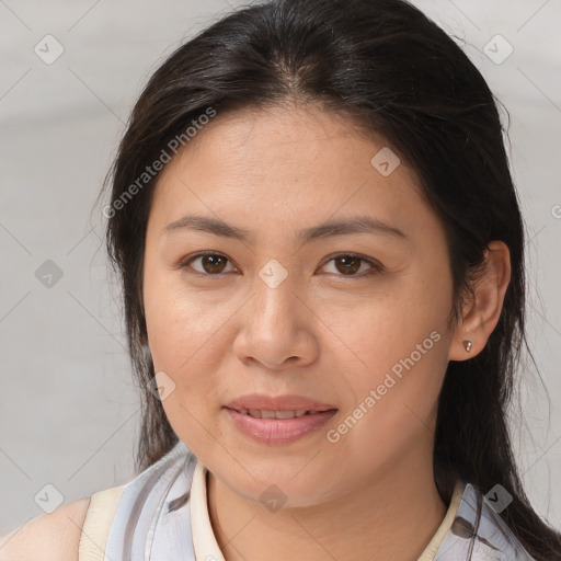 Joyful white young-adult female with medium  brown hair and brown eyes