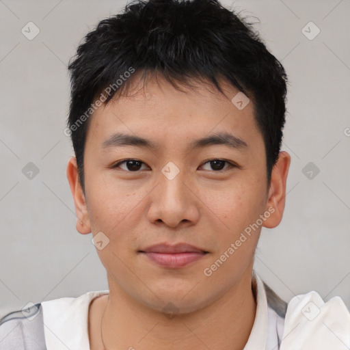 Neutral asian young-adult male with short  brown hair and brown eyes