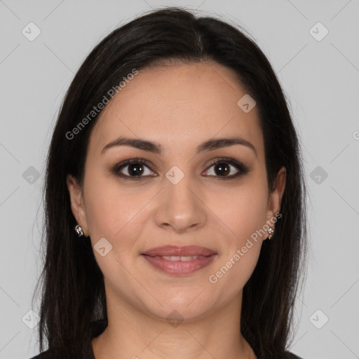 Joyful white young-adult female with long  brown hair and brown eyes