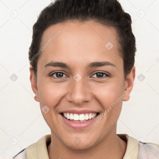 Joyful white young-adult female with short  brown hair and brown eyes