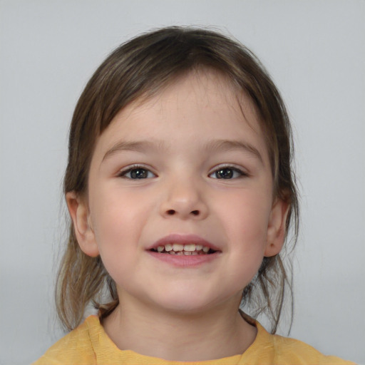 Joyful white child female with medium  brown hair and brown eyes