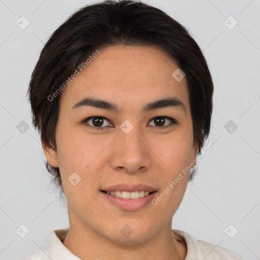 Joyful asian young-adult female with short  brown hair and brown eyes